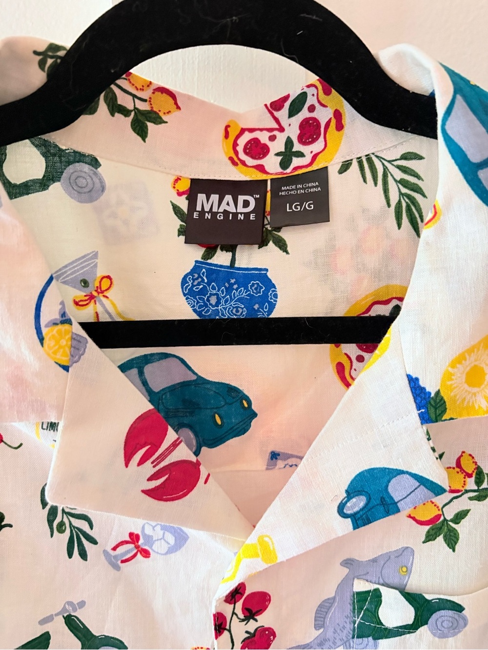 MAD Engine Linen White Short Sleeve Button-Down Shirt Trendy Summer Vacay Print - Picture 2 of 6